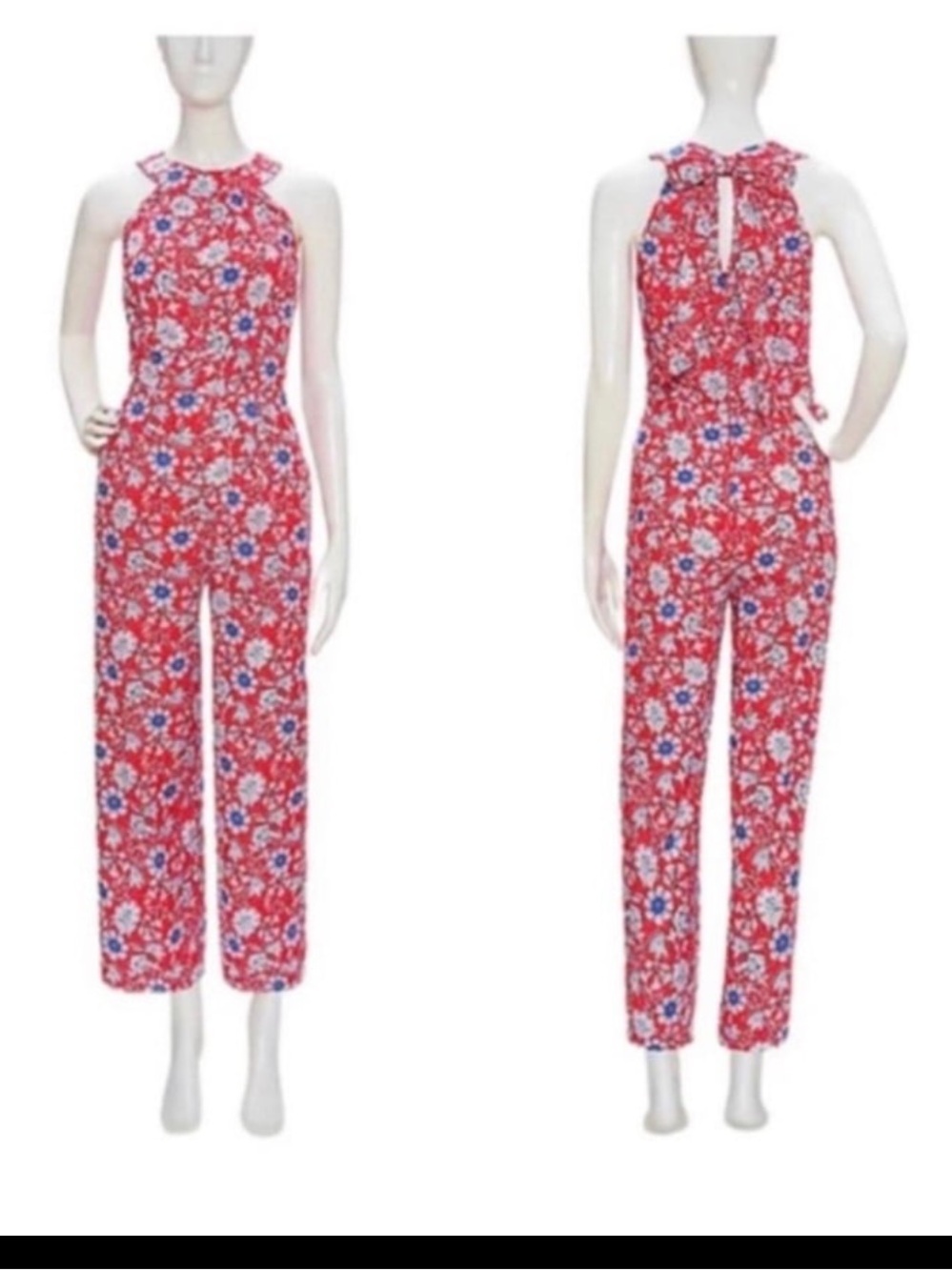 LOFT size 8 floral halter wide leg crop jumpsuit with pockets
